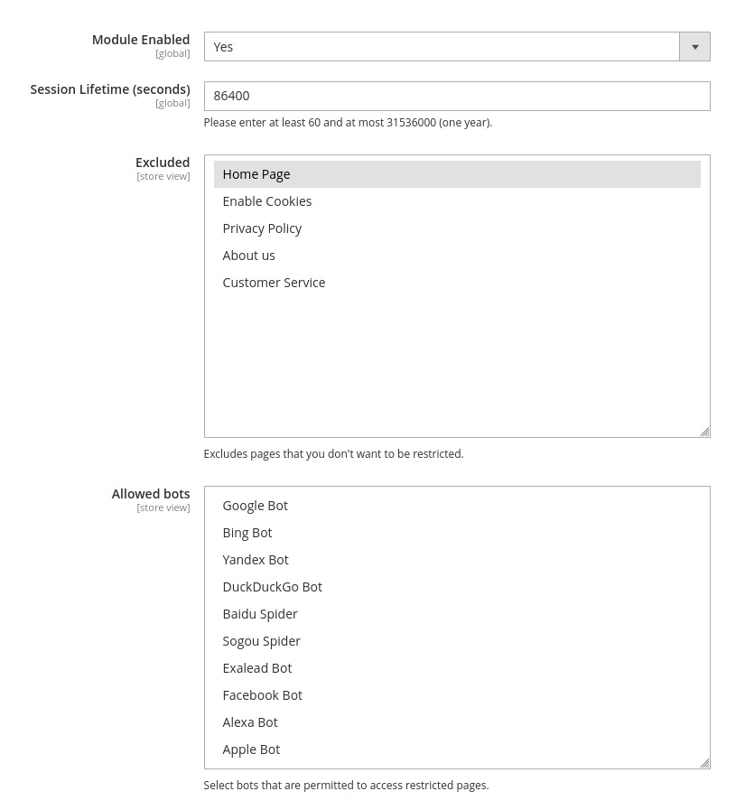 Magento Page Restriction General Settings